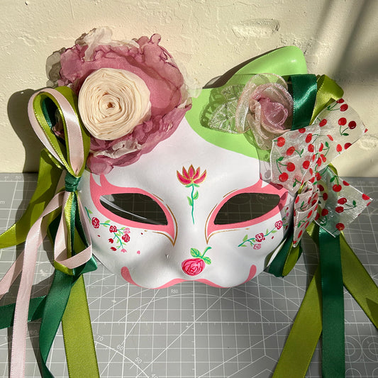 Original hand-painted beautiful cat mask with spring blossoms, Masquerade Kabuki 02