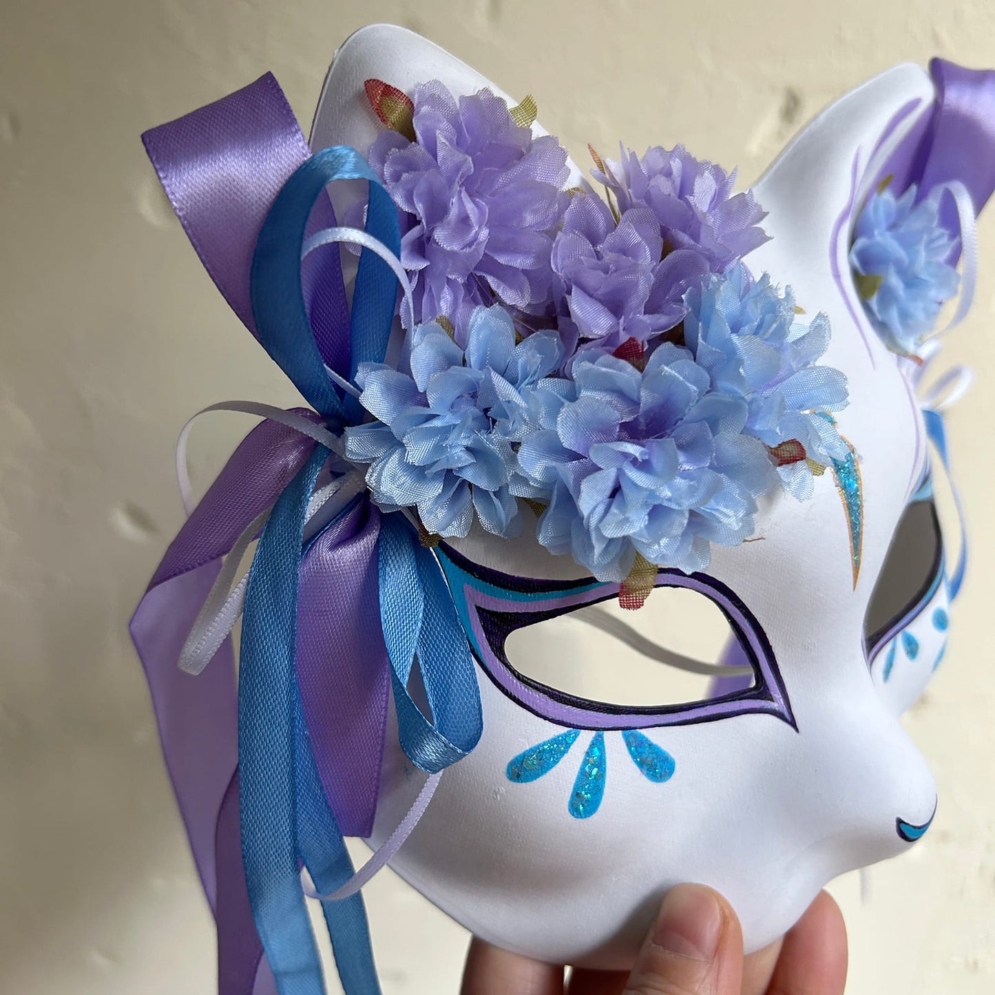 Original handmade blue and purple flower cute cat mask 01