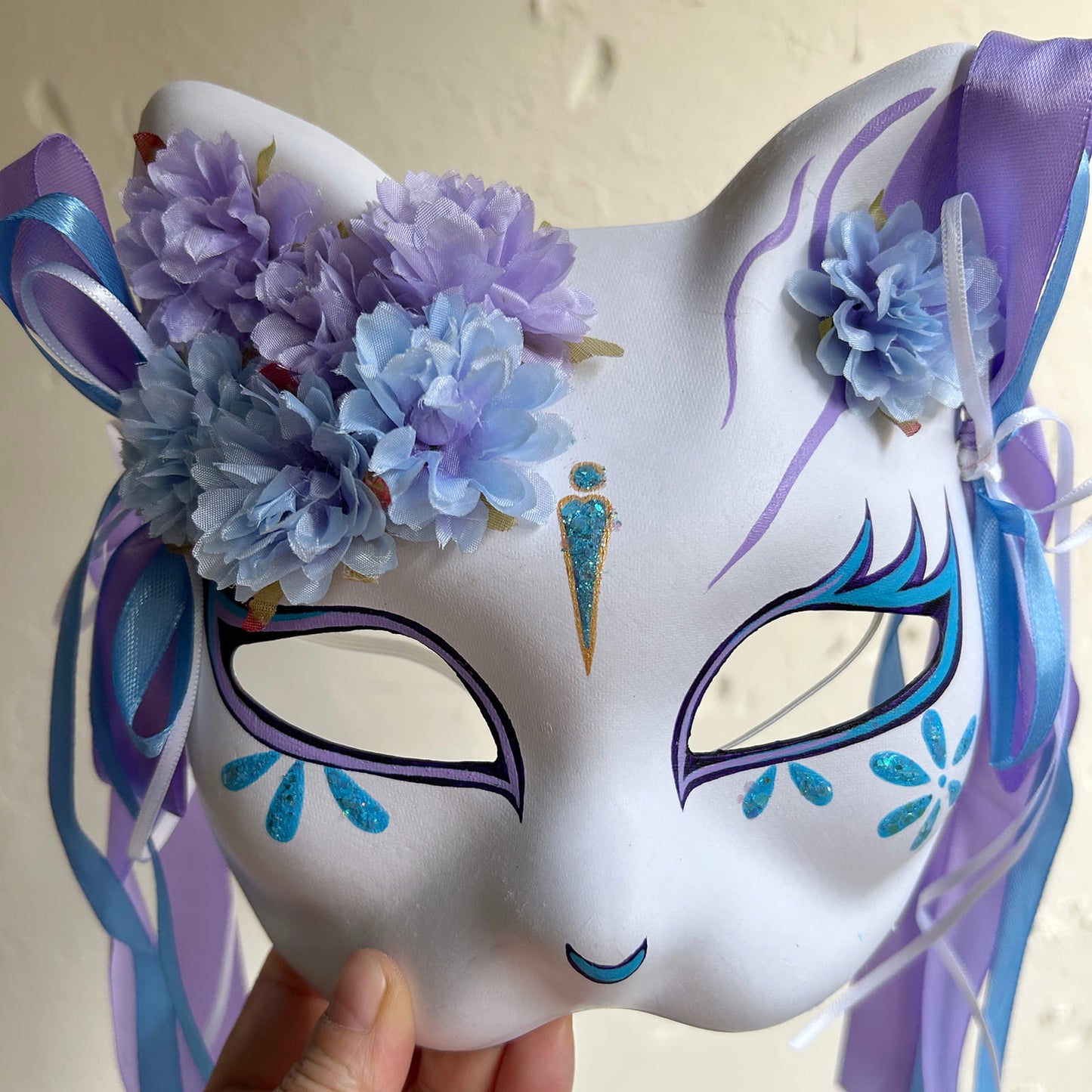 Original handmade blue and purple flower cute cat mask 01