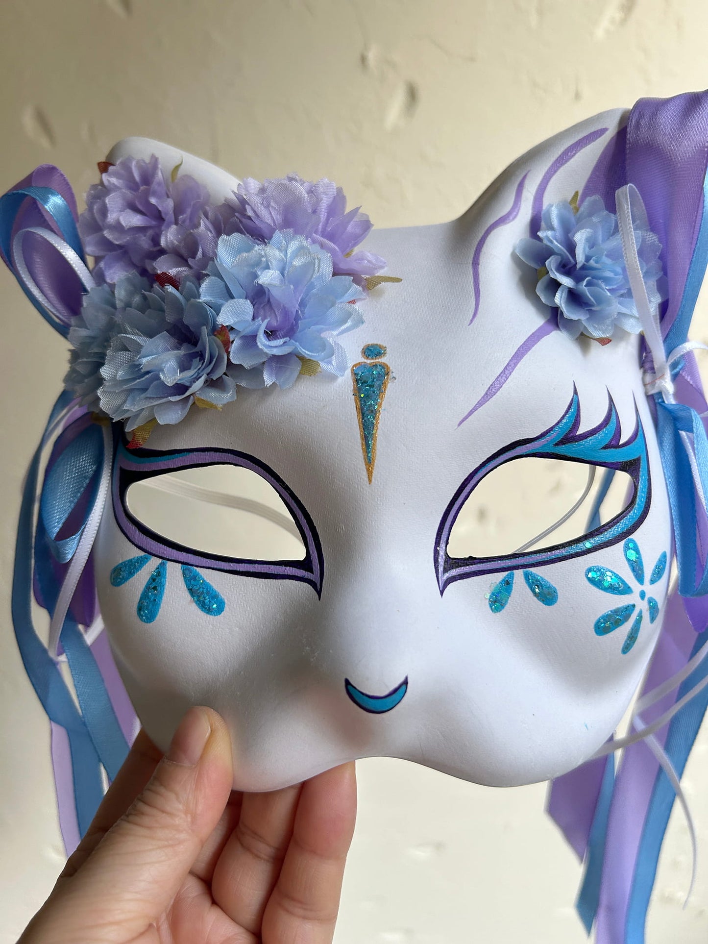 Original handmade blue and purple flower cute cat mask 01