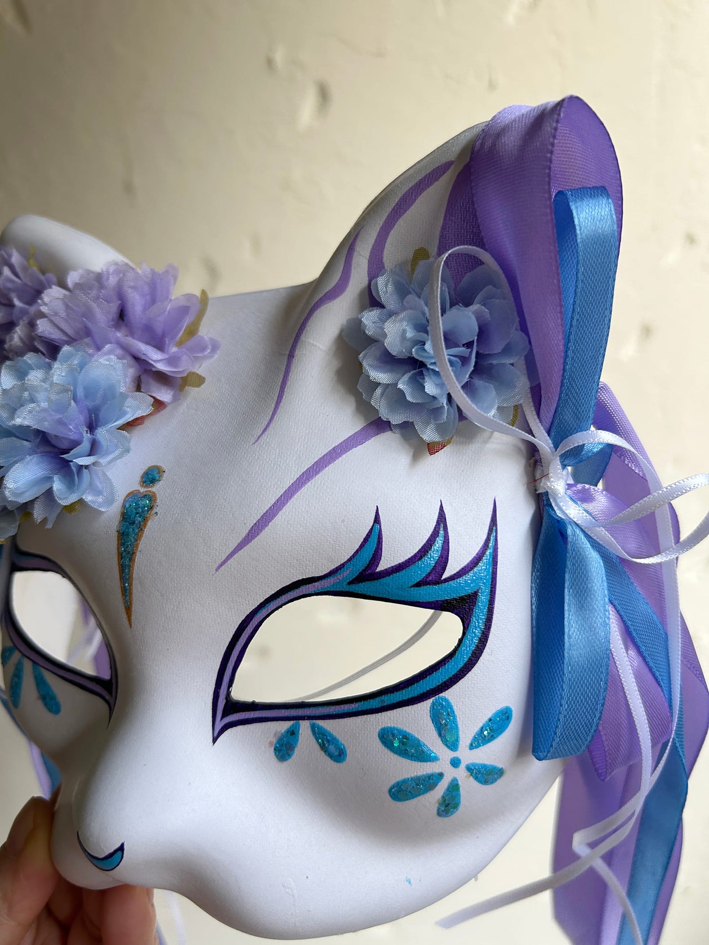 Original handmade blue and purple flower cute cat mask 01