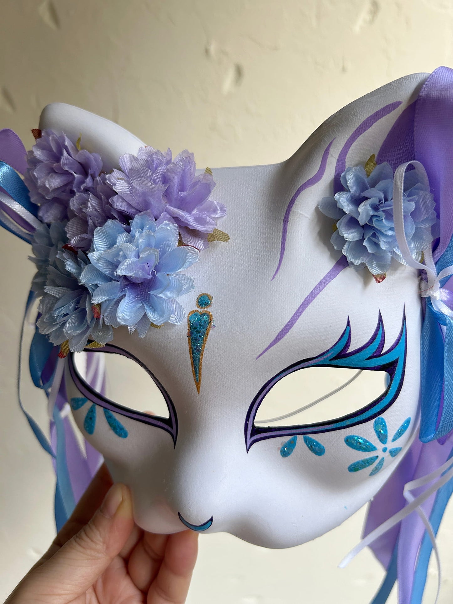 Original handmade blue and purple flower cute cat mask 01