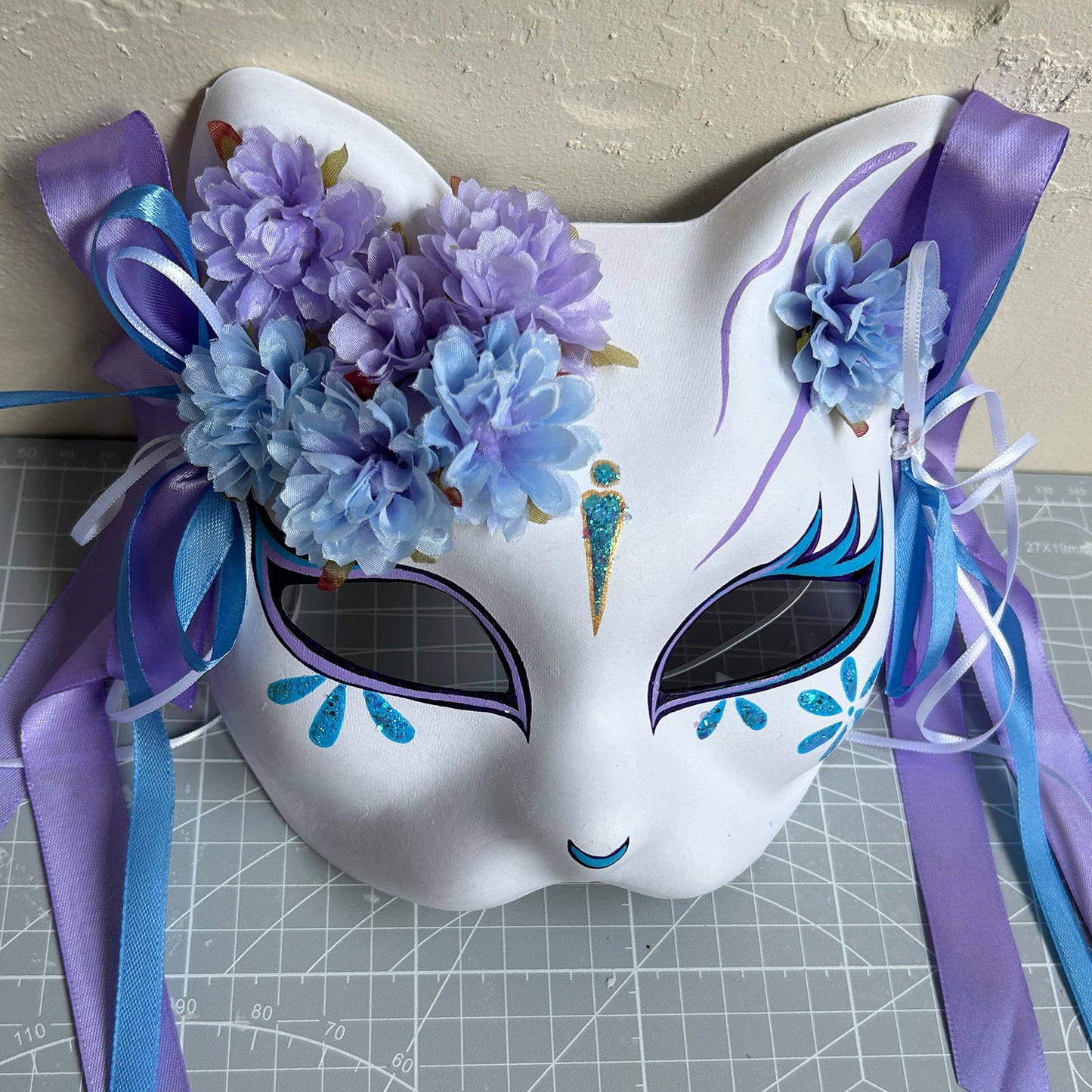Original handmade blue and purple flower cute cat mask 01