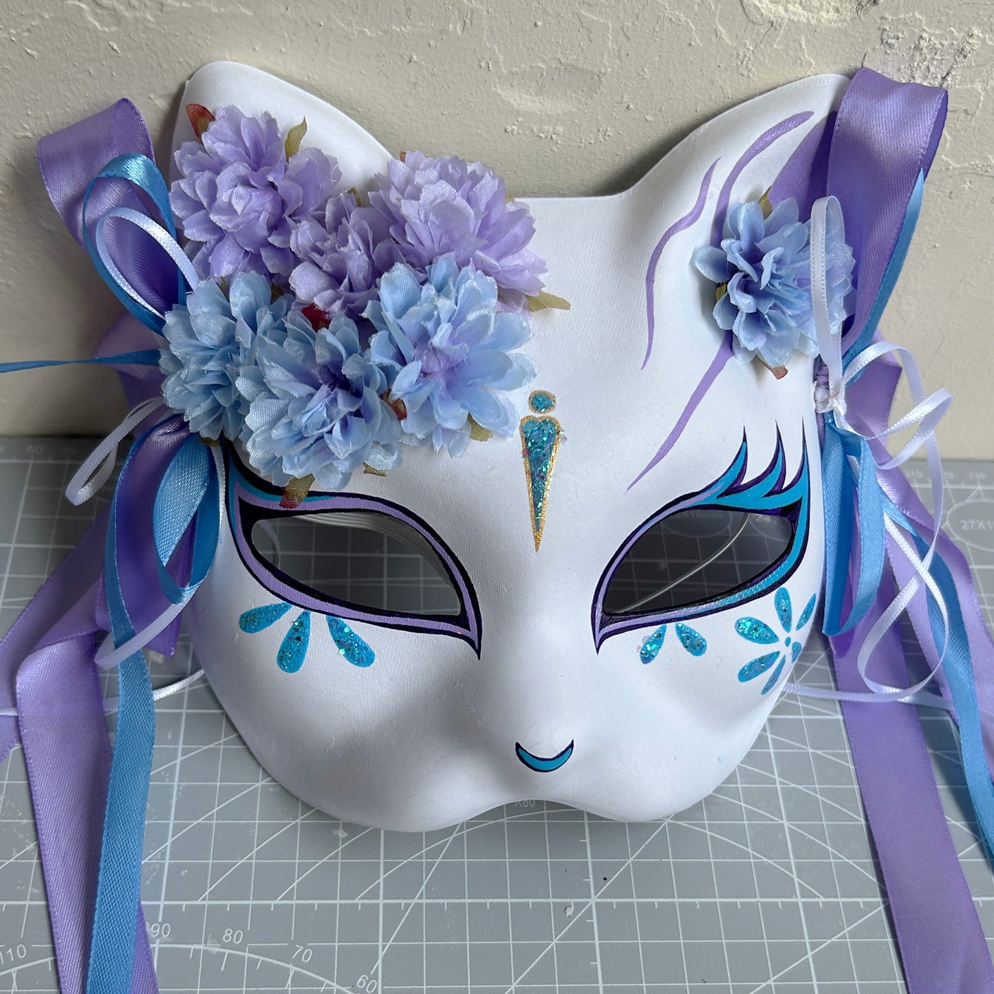Original handmade blue and purple flower cute cat mask 01
