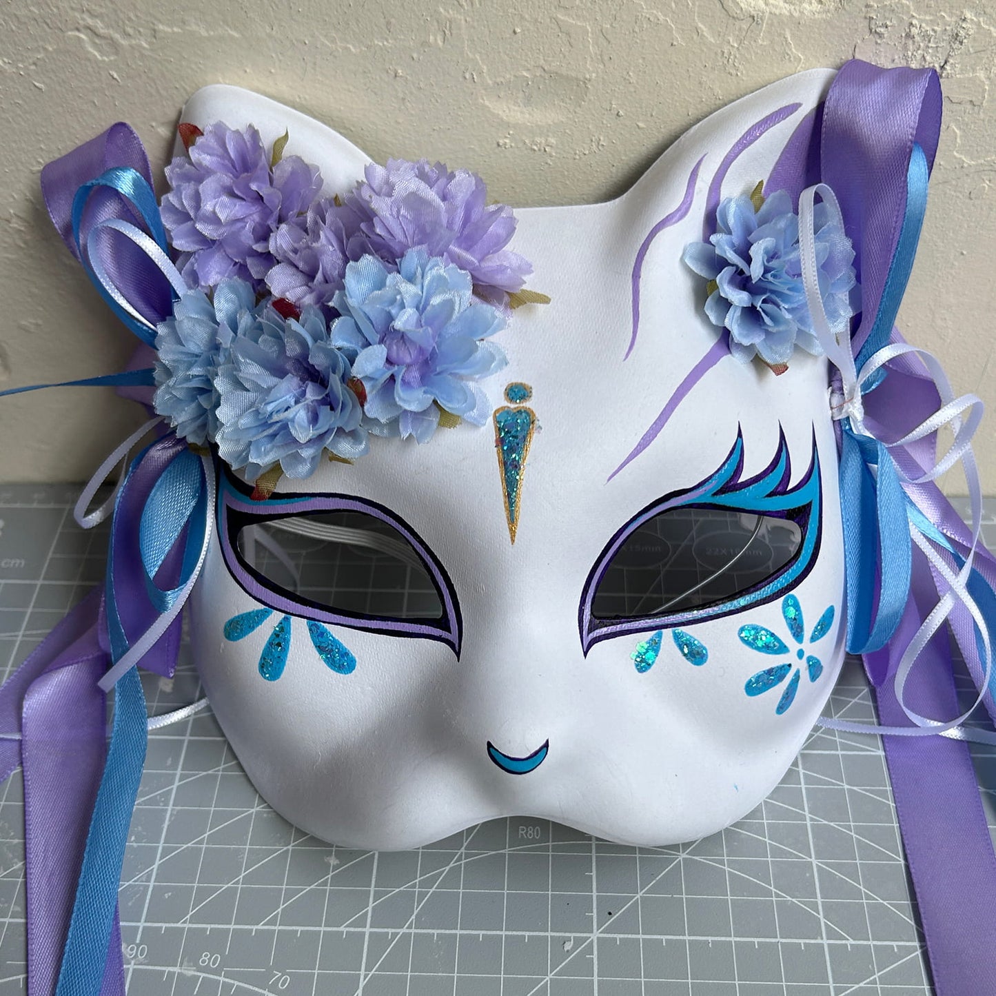 Original handmade blue and purple flower cute cat mask 01