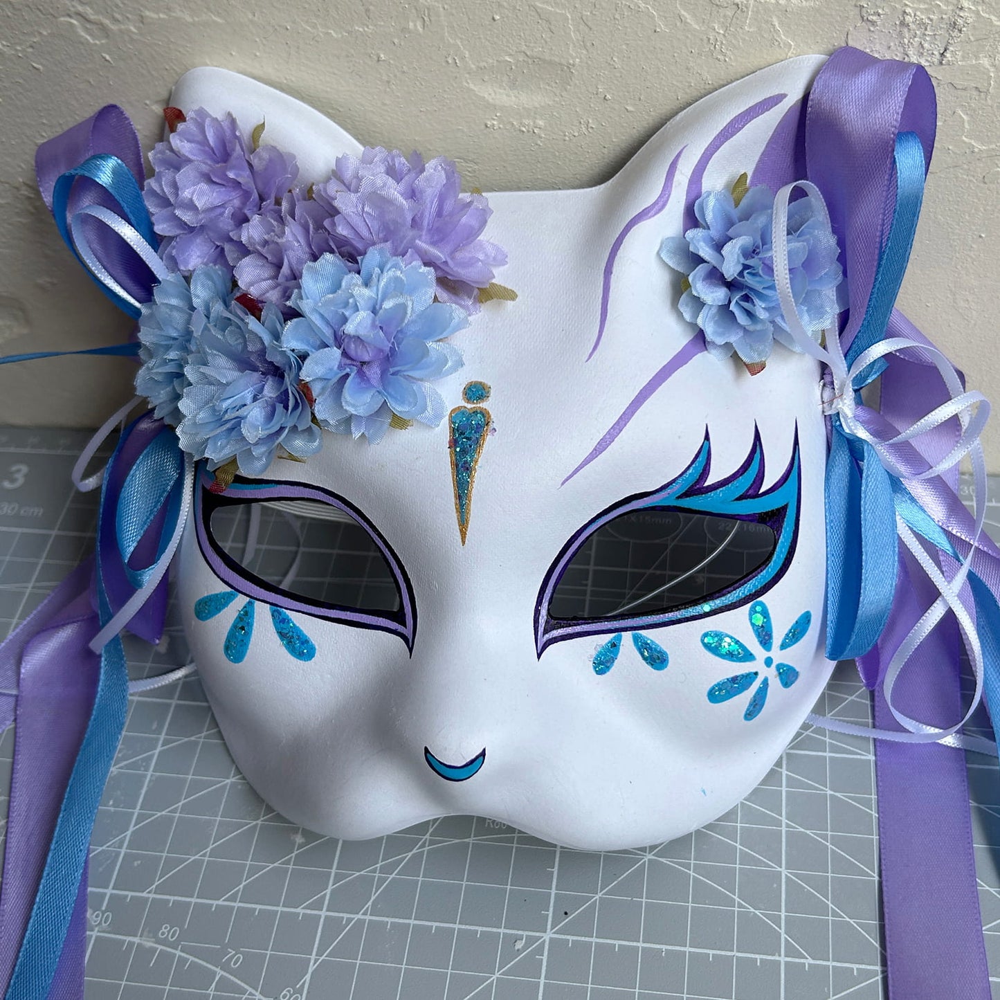 Original handmade blue and purple flower cute cat mask 01