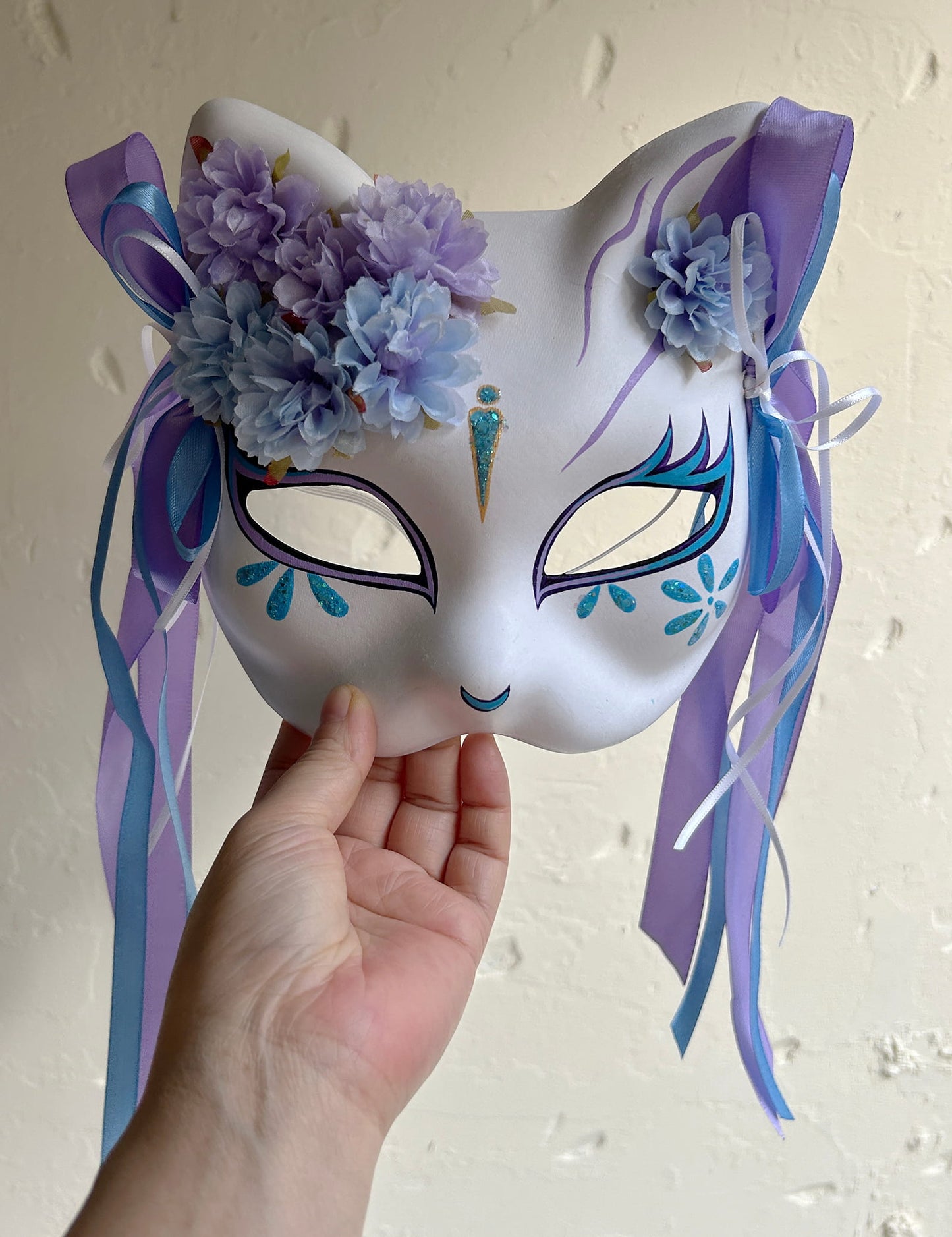 Original handmade blue and purple flower cute cat mask 01