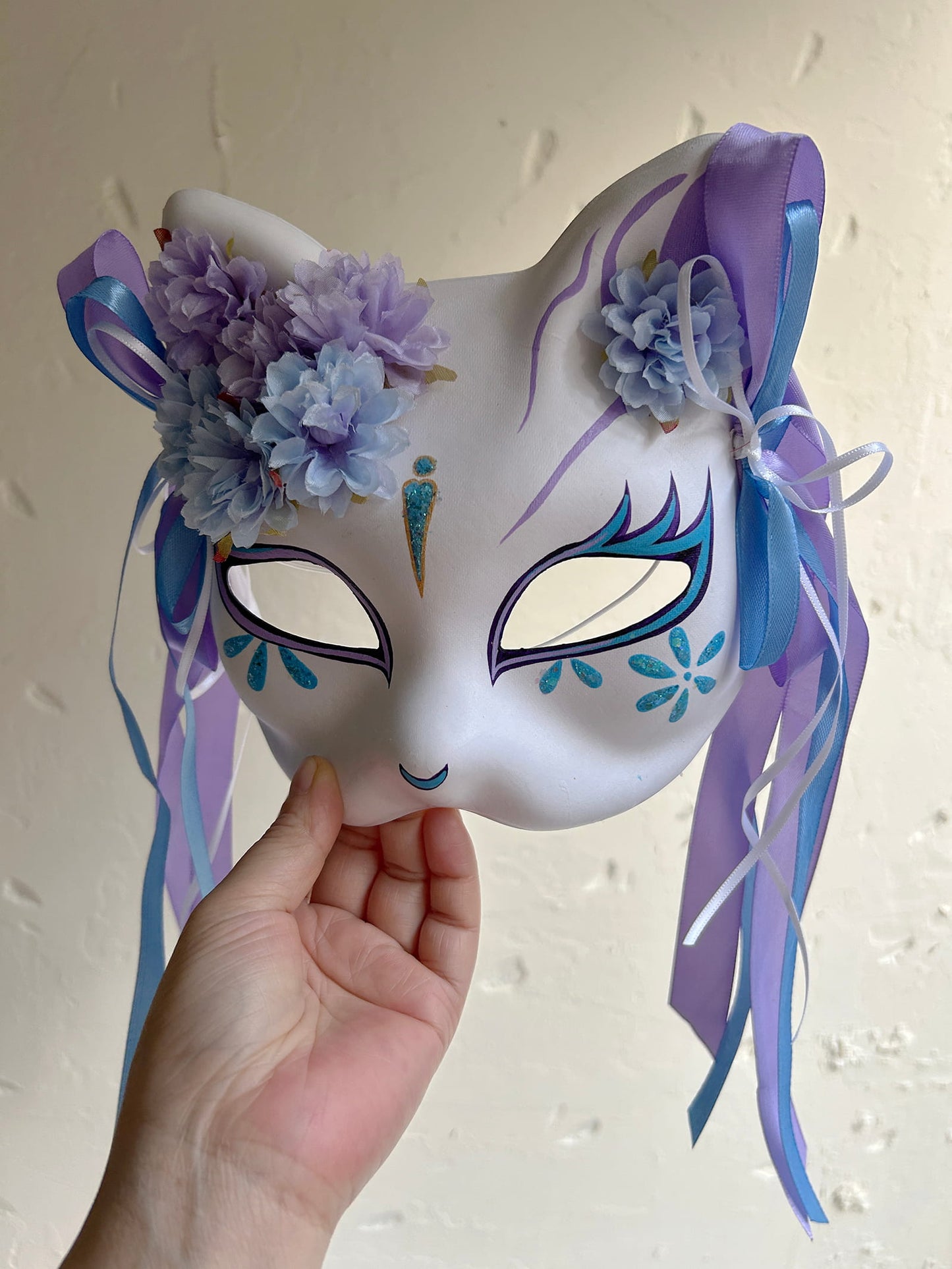 Original handmade blue and purple flower cute cat mask 01