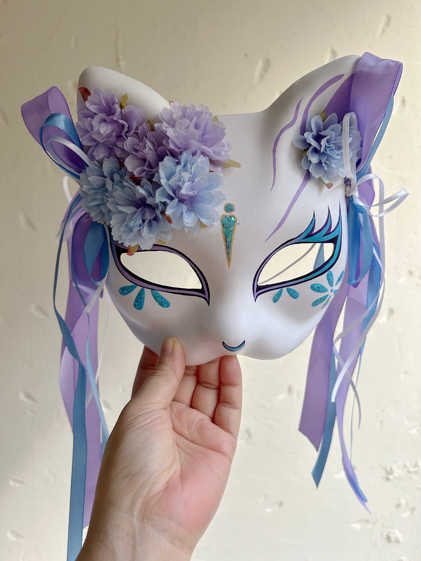 Original handmade blue and purple flower cute cat mask 01