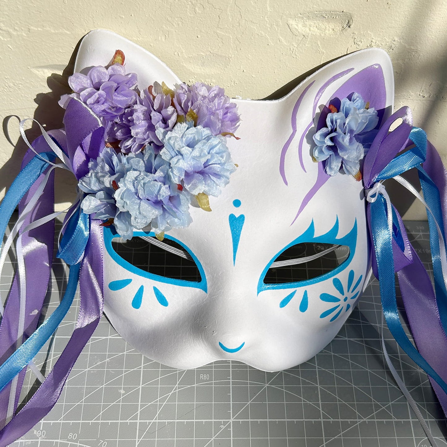 Original handmade blue and purple flower cute cat mask 02