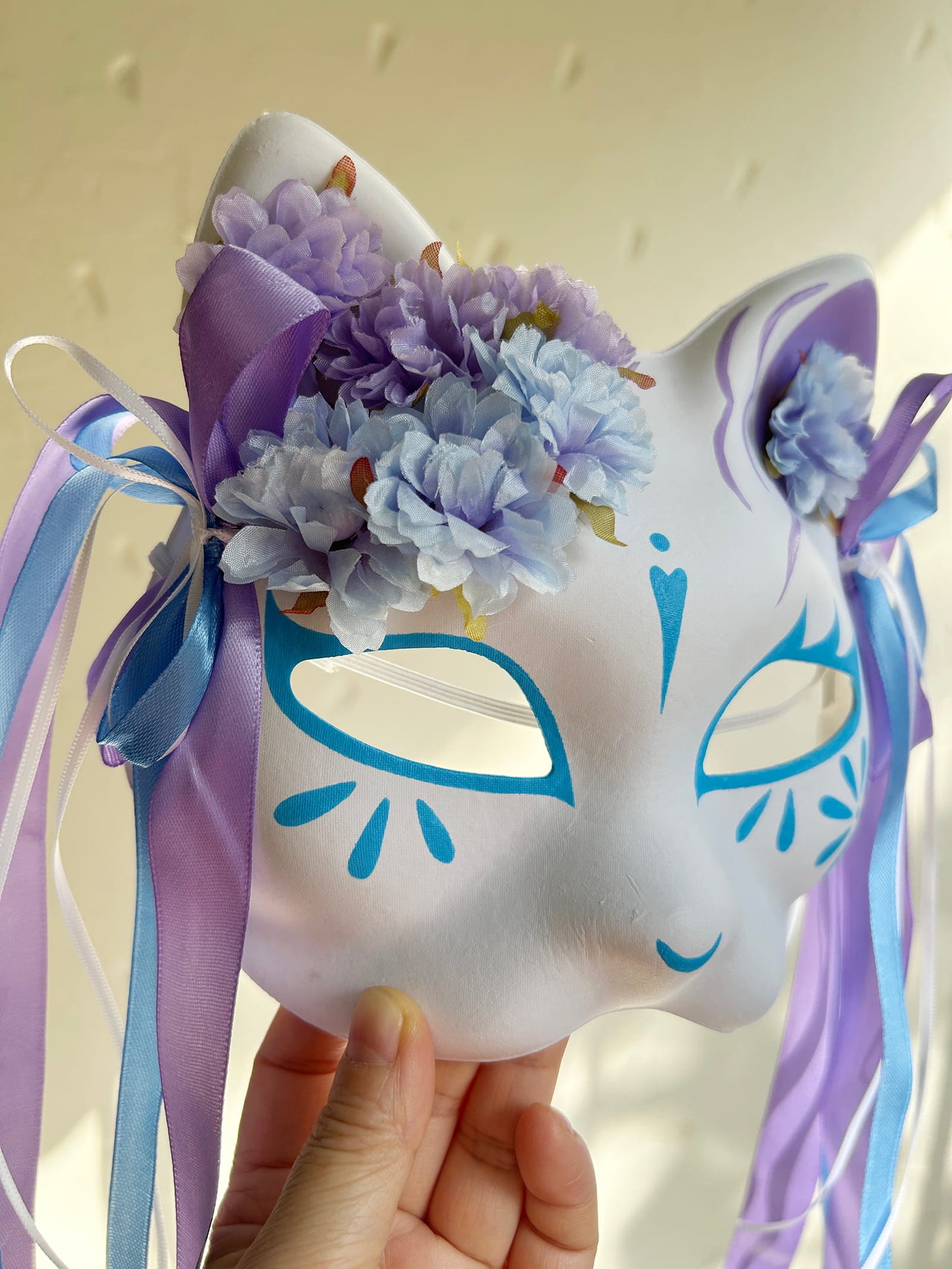 Original handmade blue and purple flower cute cat mask 02