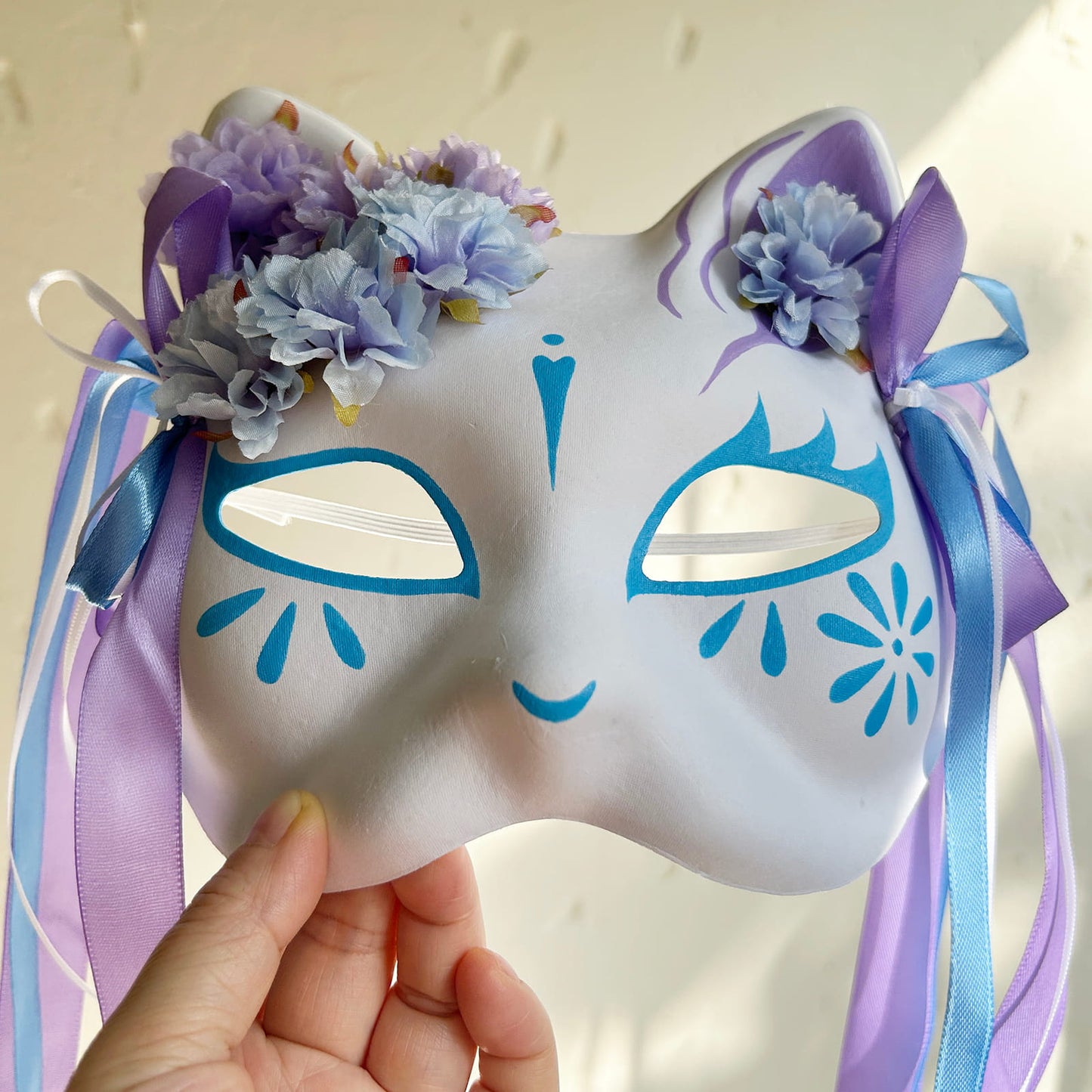 Original handmade blue and purple flower cute cat mask 02