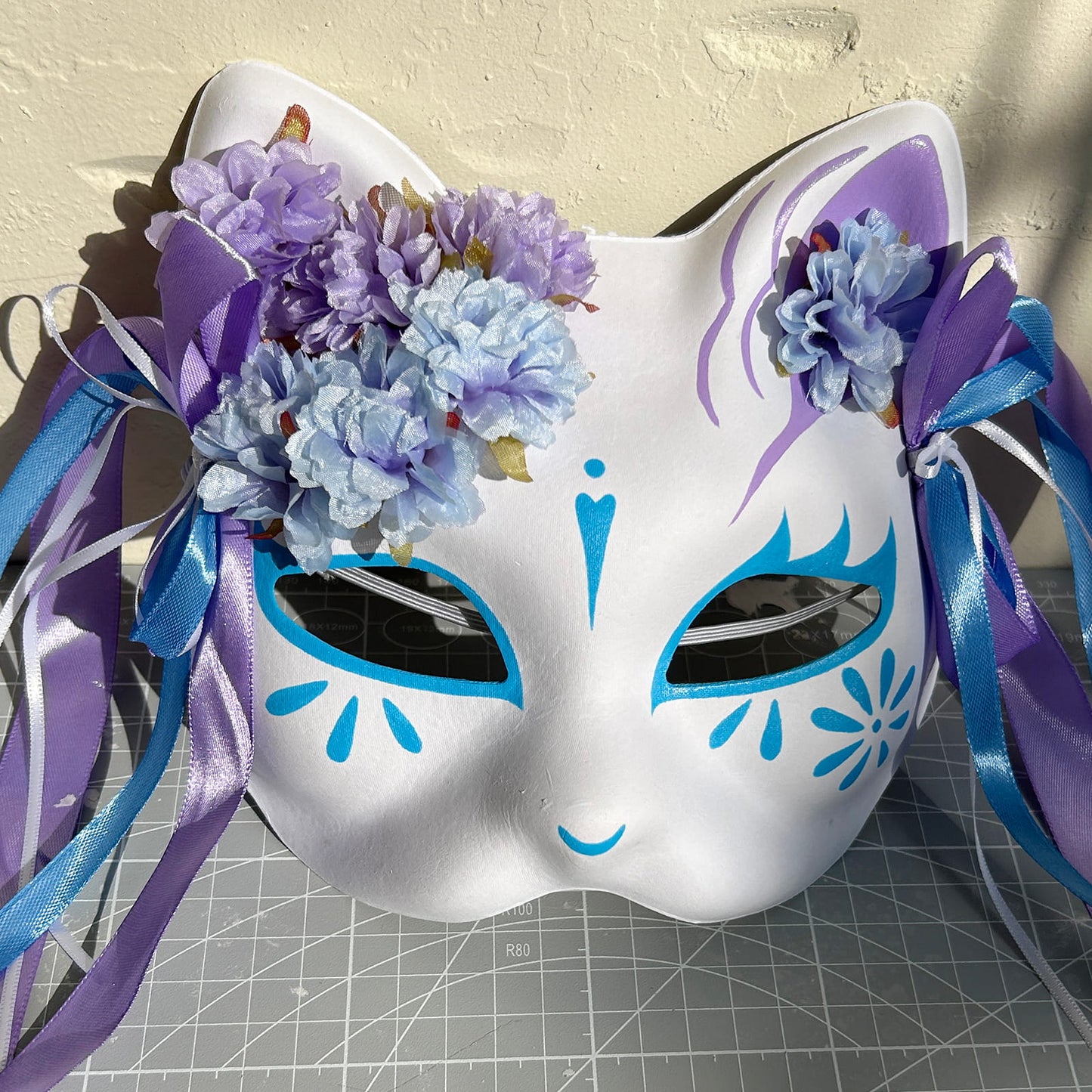 Original handmade blue and purple flower cute cat mask 02
