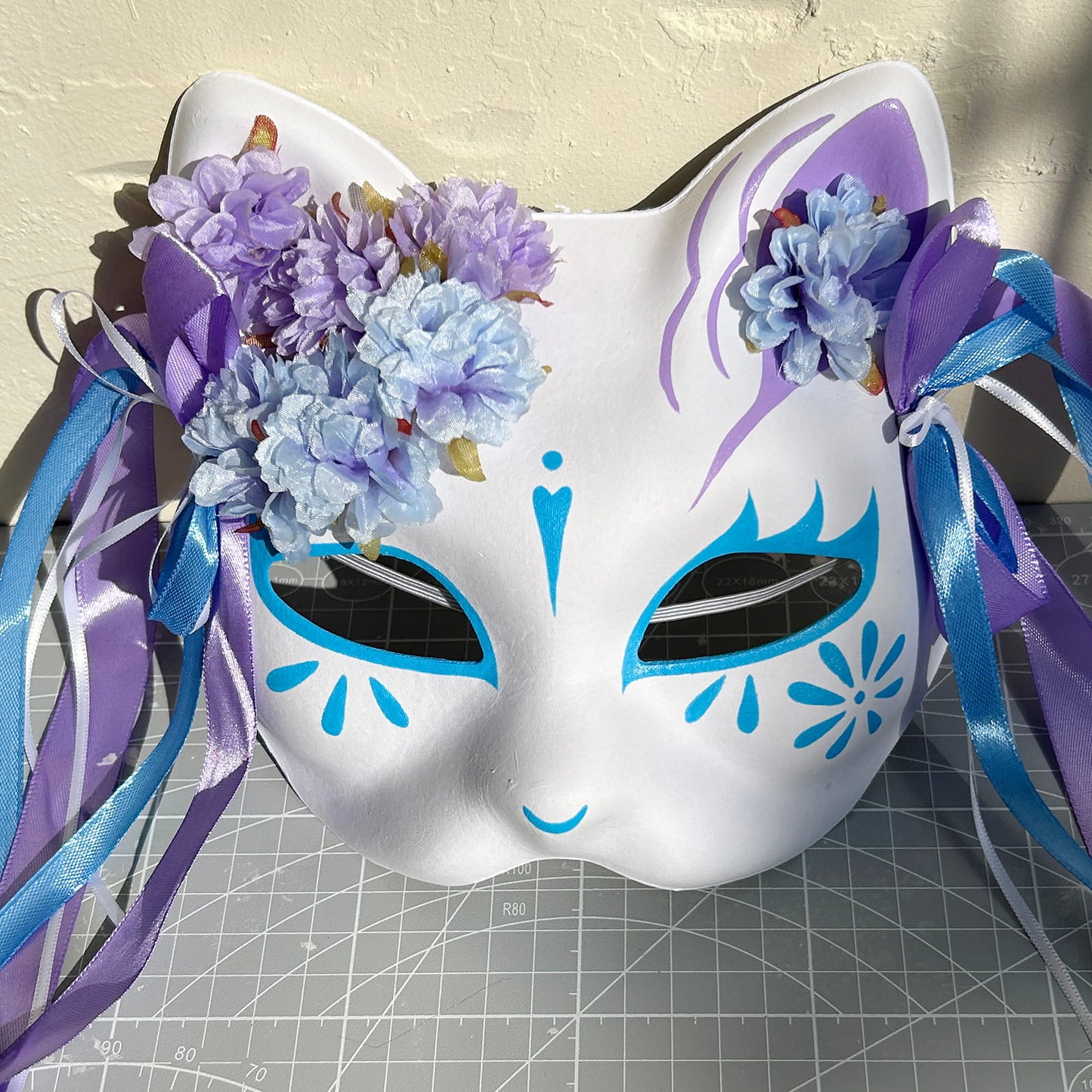 Original handmade blue and purple flower cute cat mask 02