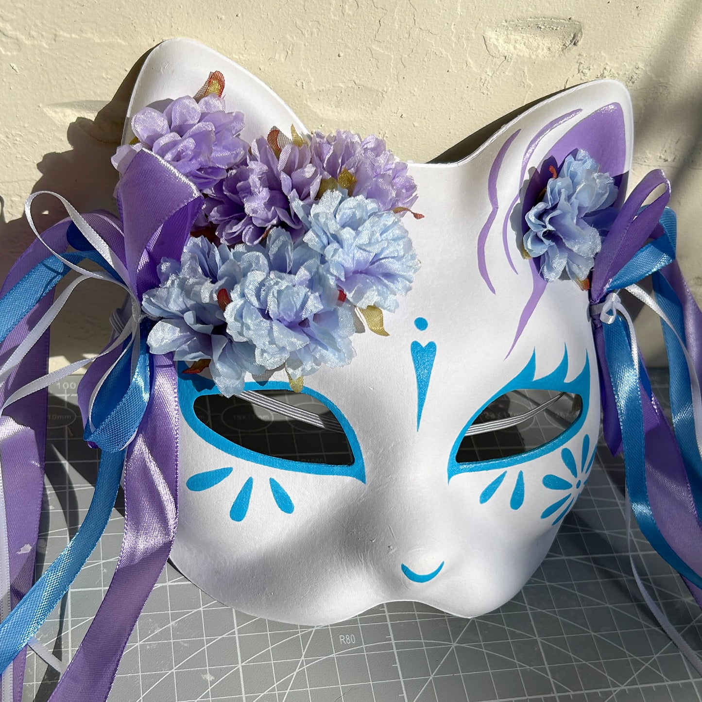 Original handmade blue and purple flower cute cat mask 02