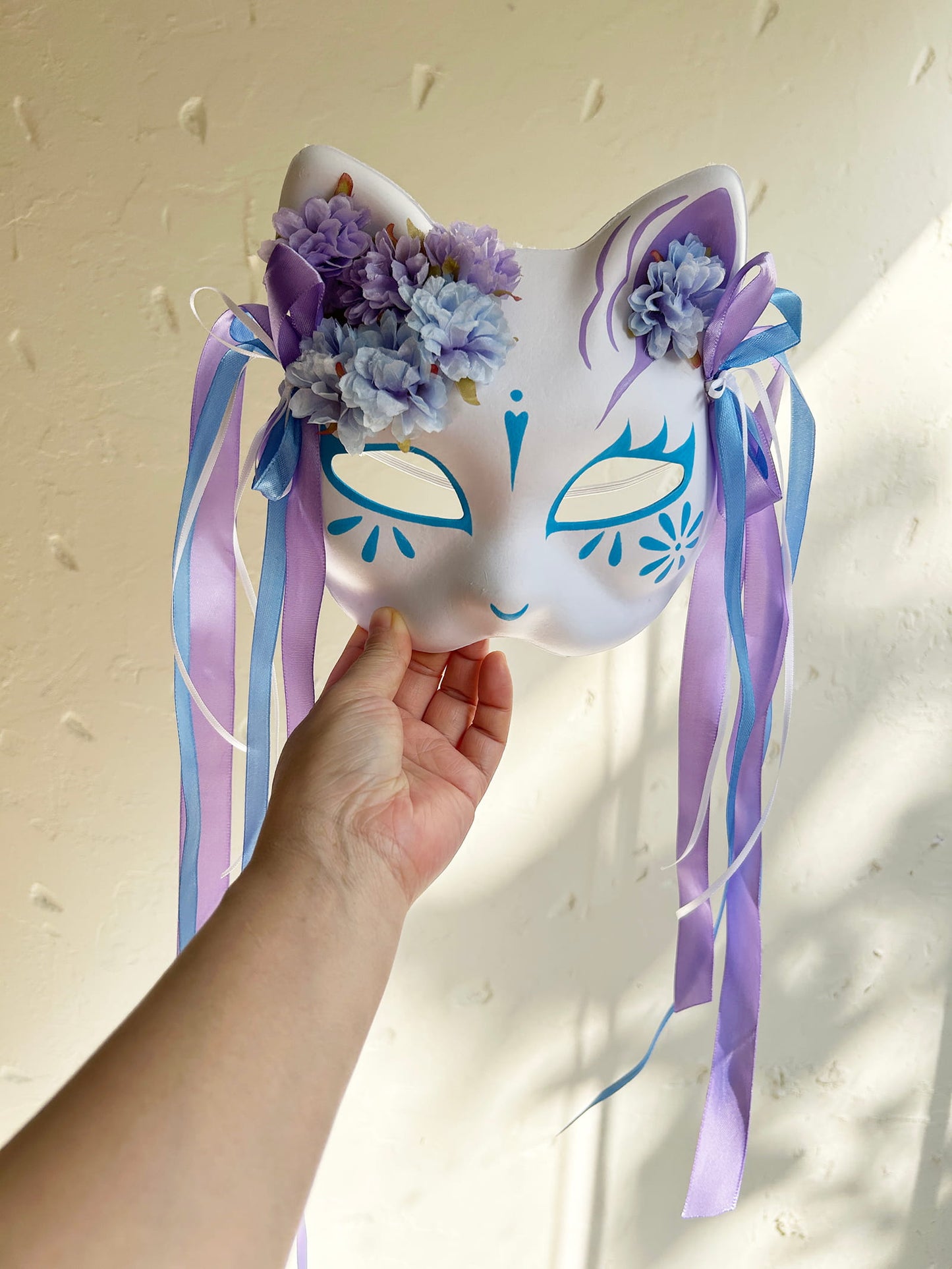 Original handmade blue and purple flower cute cat mask 02