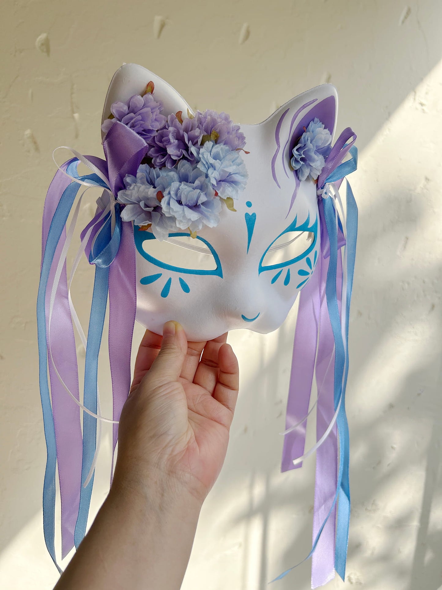 Original handmade blue and purple flower cute cat mask 02