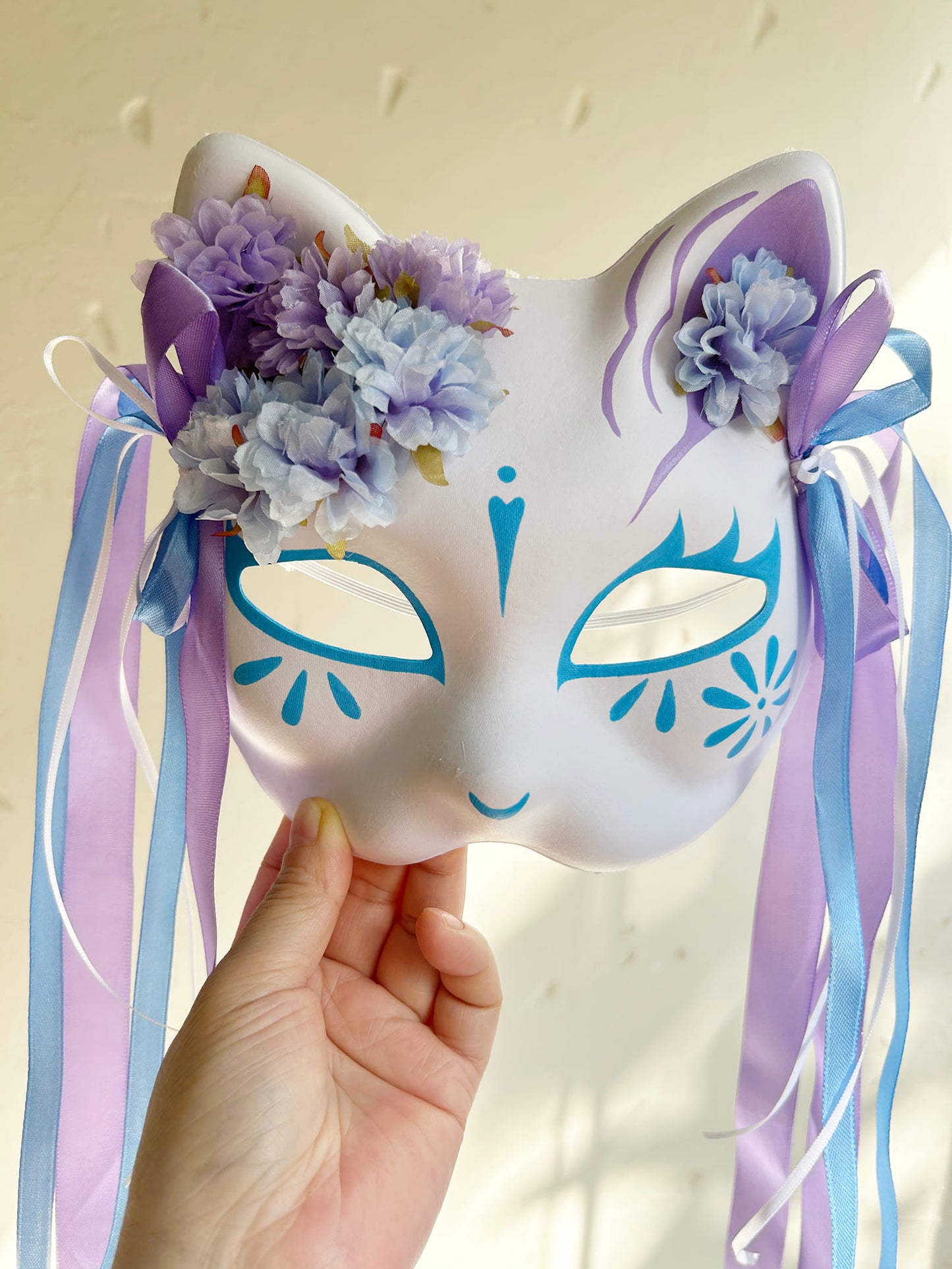 Original handmade blue and purple flower cute cat mask 02