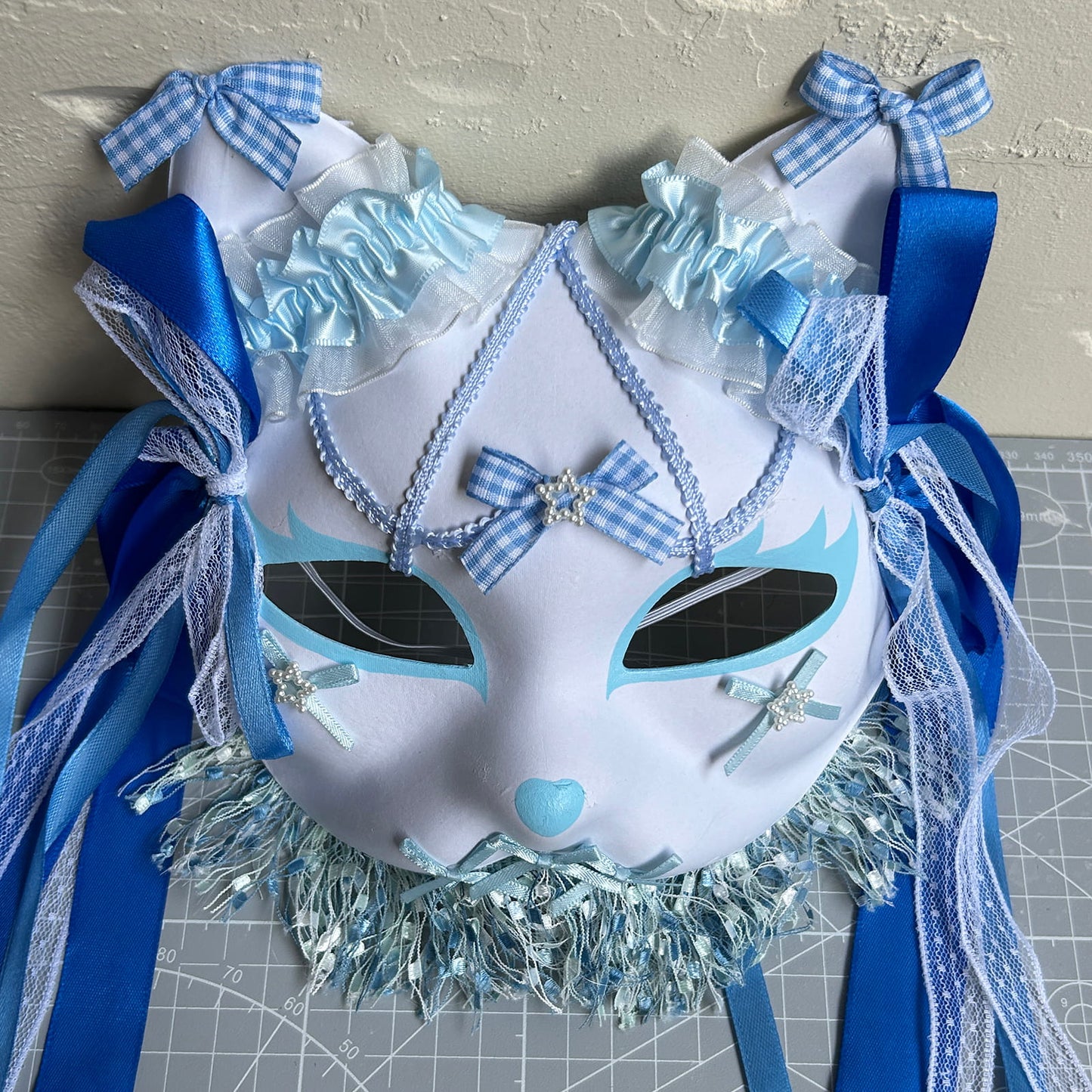 Original handmade blue gorgeous cute cat mask Masquerade  kabuki 01