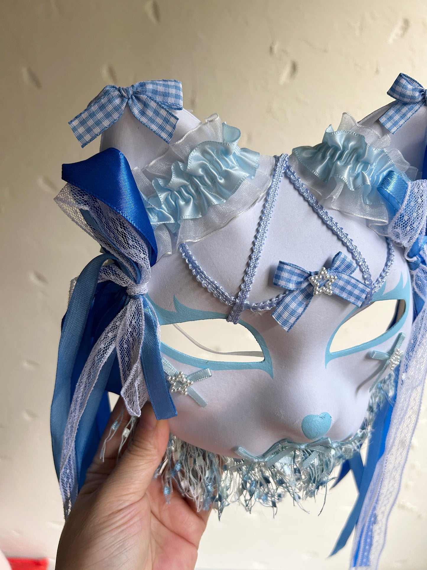 Original handmade blue gorgeous cute cat mask Masquerade  kabuki 01