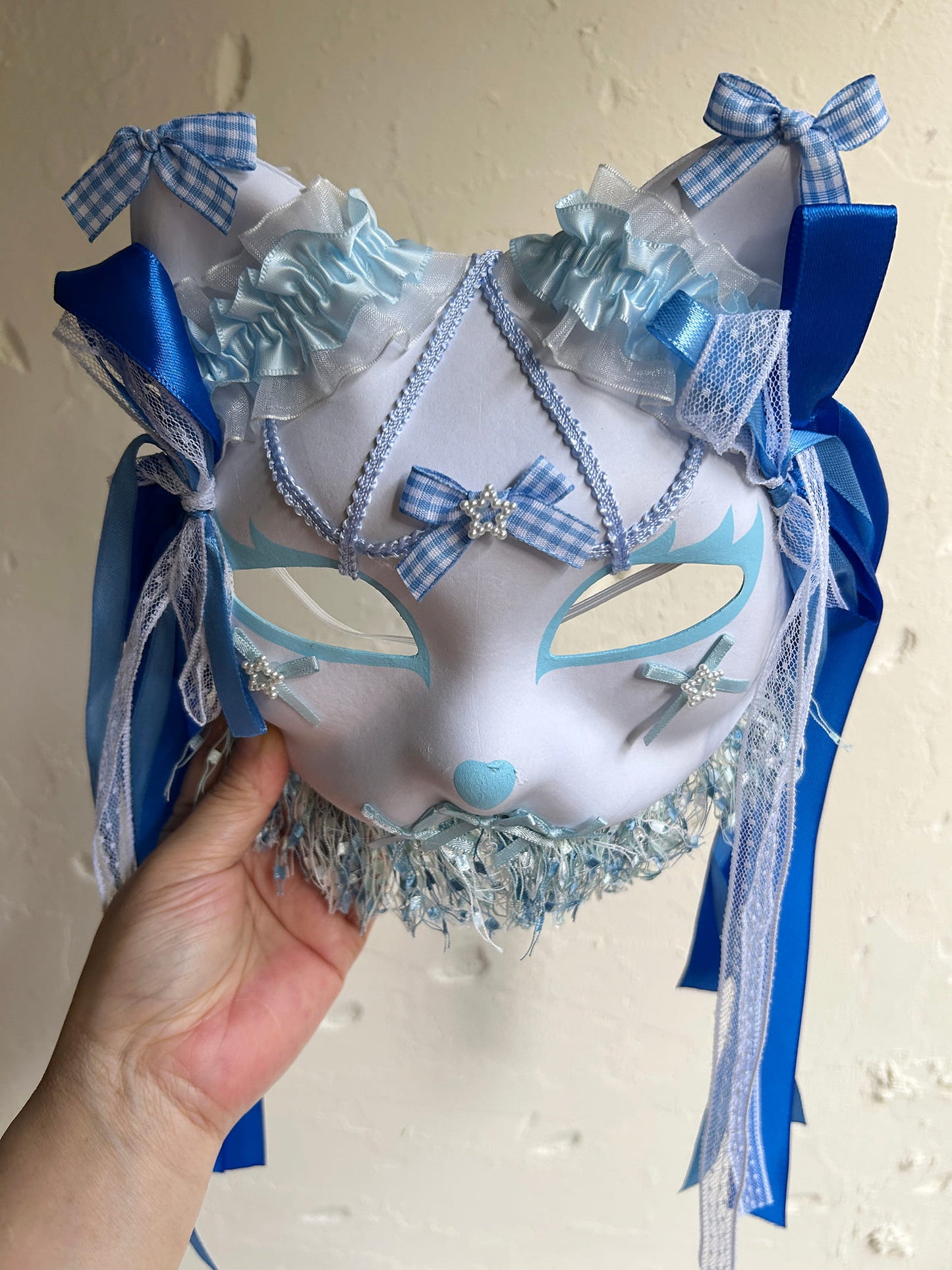 Original handmade blue gorgeous cute cat mask Masquerade  kabuki 01