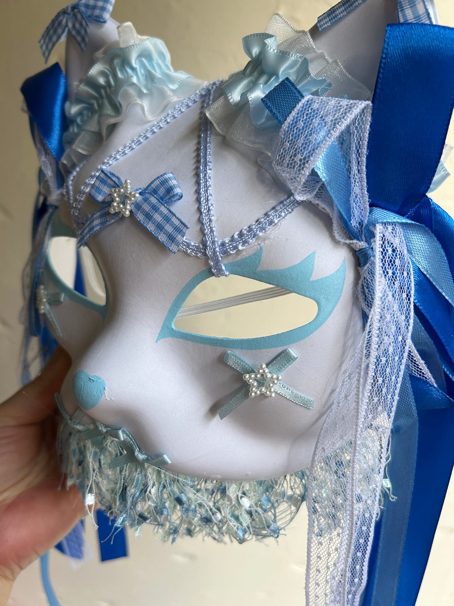 Original handmade blue gorgeous cute cat mask Masquerade  kabuki 01