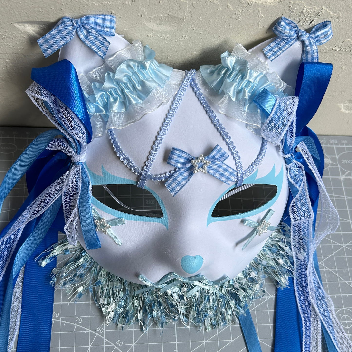 Original handmade blue gorgeous cute cat mask Masquerade  kabuki 01
