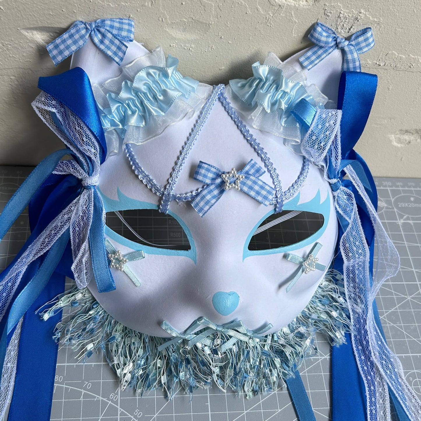 Original handmade blue gorgeous cute cat mask Masquerade  kabuki 01