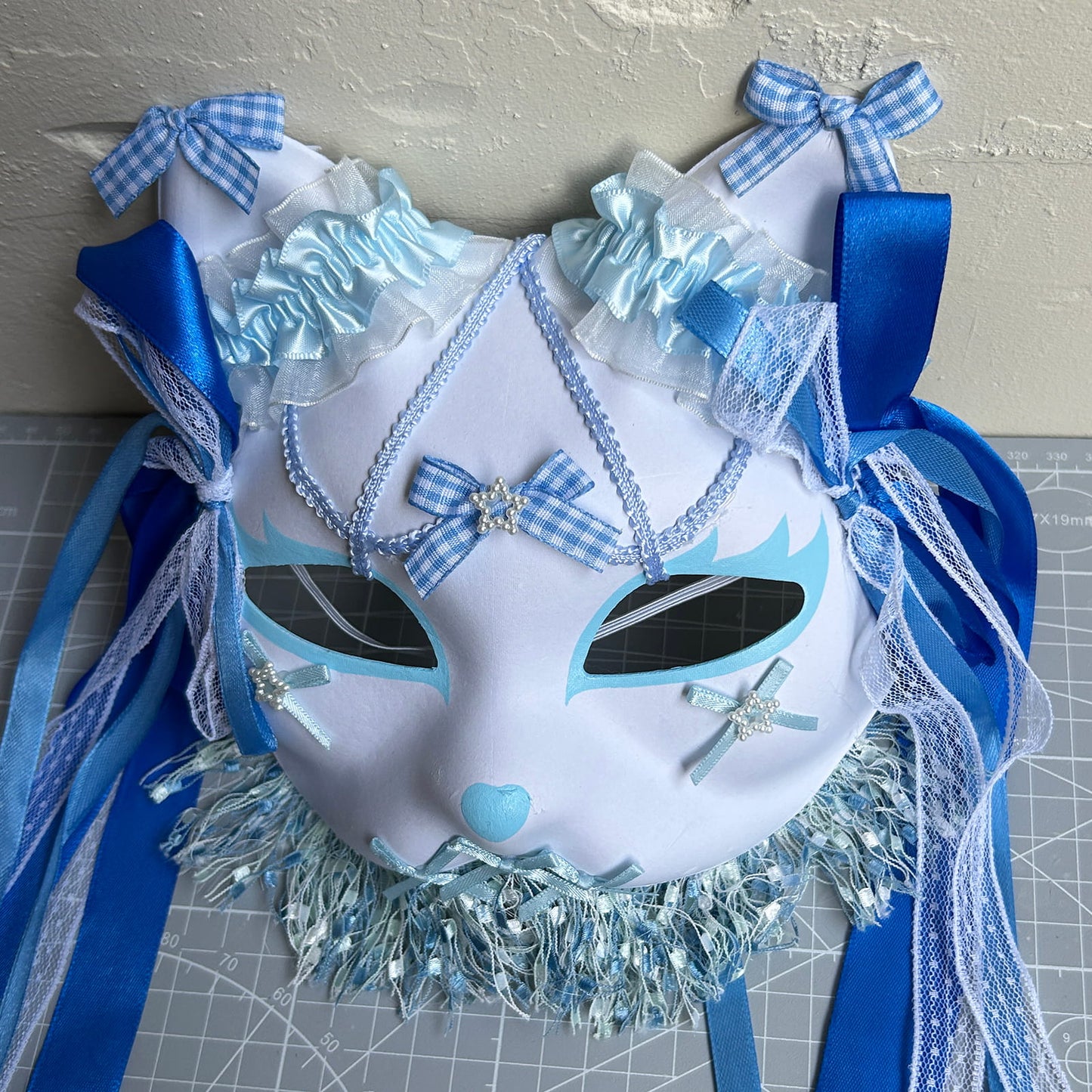 Original handmade blue gorgeous cute cat mask Masquerade  kabuki 01