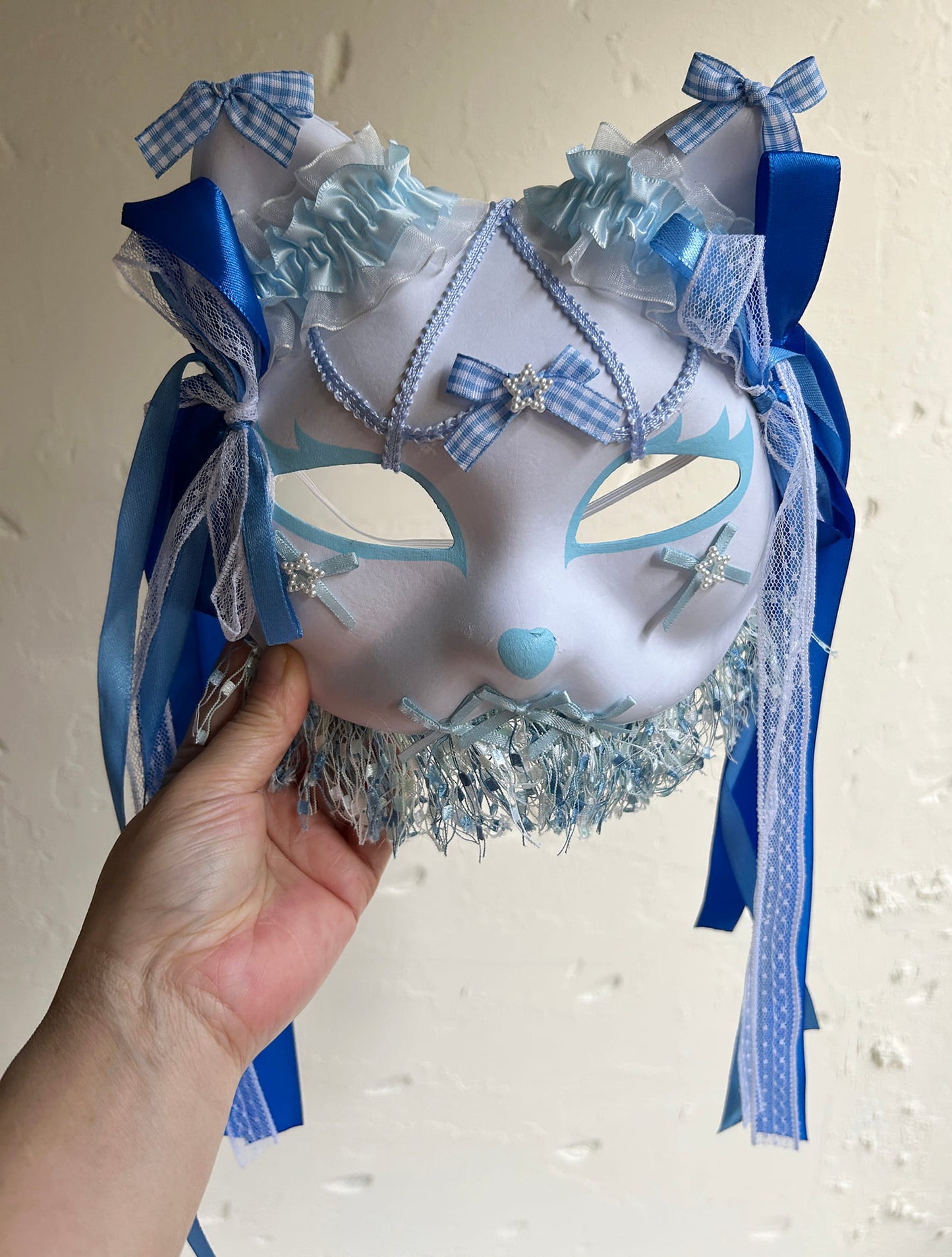 Original handmade blue gorgeous cute cat mask Masquerade  kabuki 01