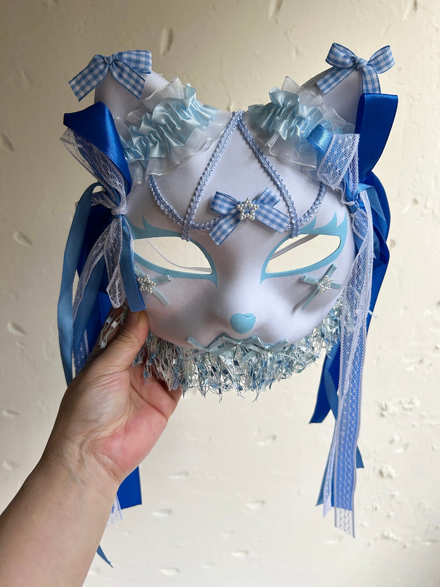 Original handmade blue gorgeous cute cat mask Masquerade  kabuki 01